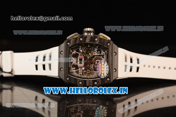 Richard Mille RM11-03 Swiss Valjoux 7750 Automatic Carbon Fiber Case Skeleton Dial With Arabic Numeral Markers White Rubber Strap 1:1 Clone (KV) - Click Image to Close